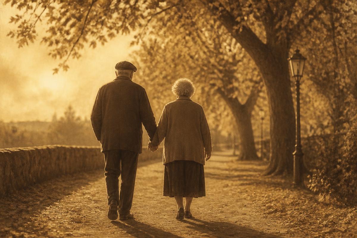 Elderly couple walking hand in hand along a tree-lined path